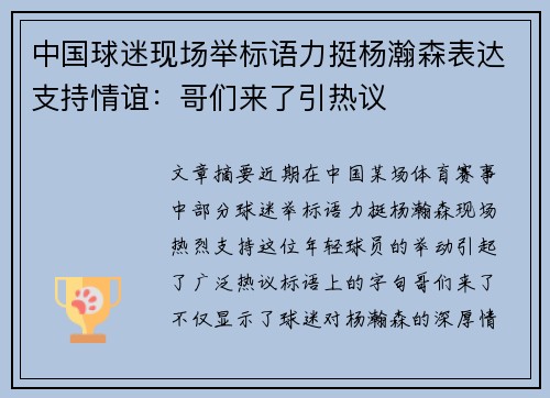 中国球迷现场举标语力挺杨瀚森表达支持情谊：哥们来了引热议