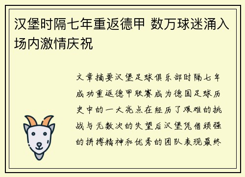 汉堡时隔七年重返德甲 数万球迷涌入场内激情庆祝